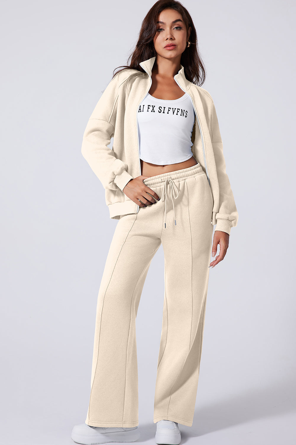 Solid Zip-Up Jacket and Drawstring Pants Set
