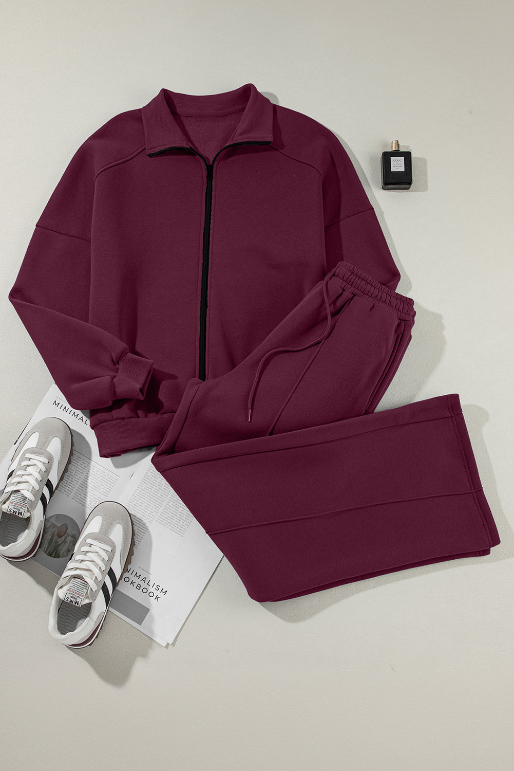 Solid Zip-Up Jacket and Drawstring Pants Set